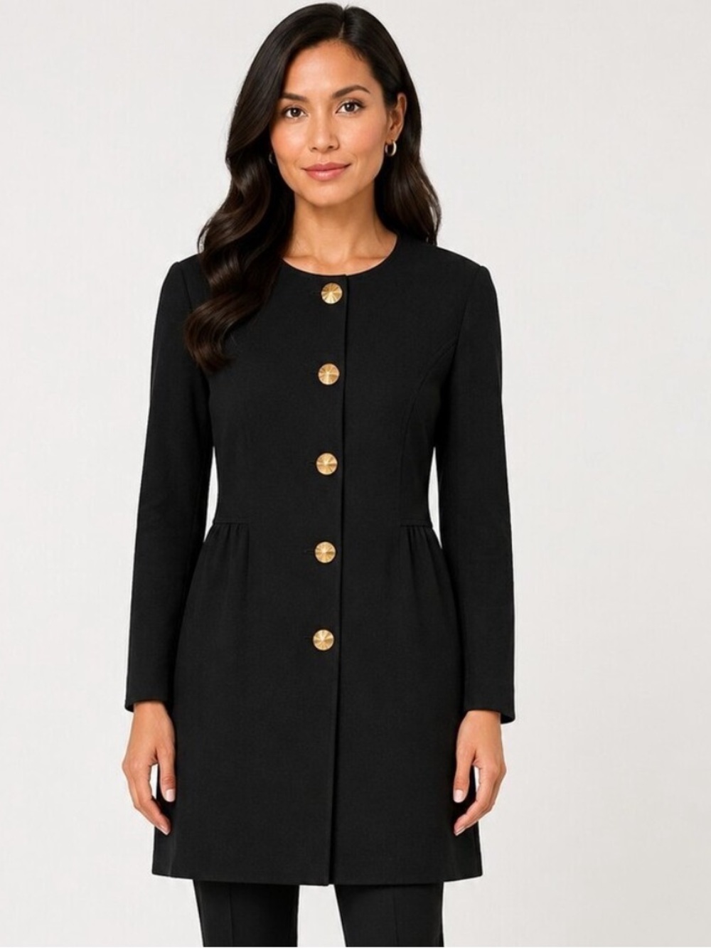 St. John Black Santana Knit Long Jacket Gold Buttons